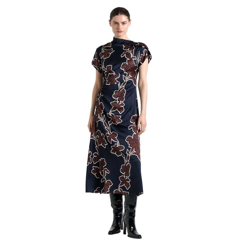 Cue Ink Illustrated Floral Satin Fold Neck Dress image number 0